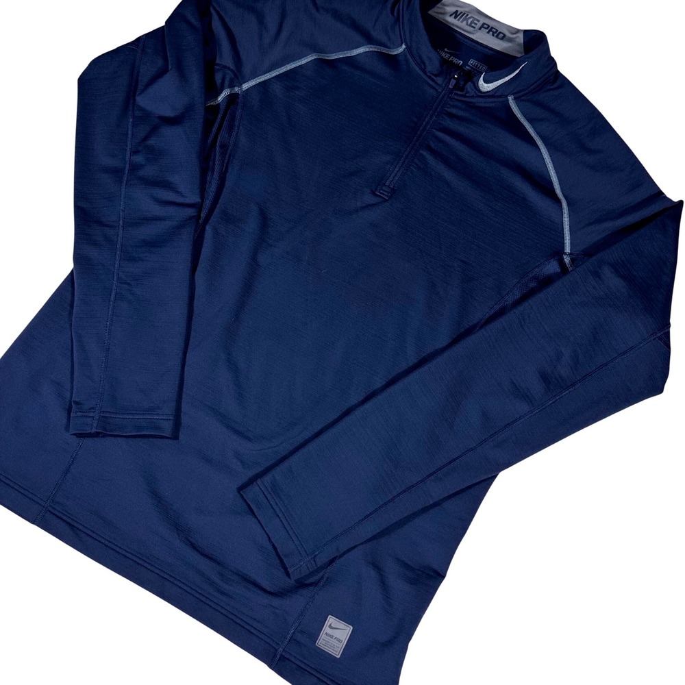 Nike Pro Quarter Zip Men XL Navy Blue Dri-FIT Fitted Thumbhole Pullover Top